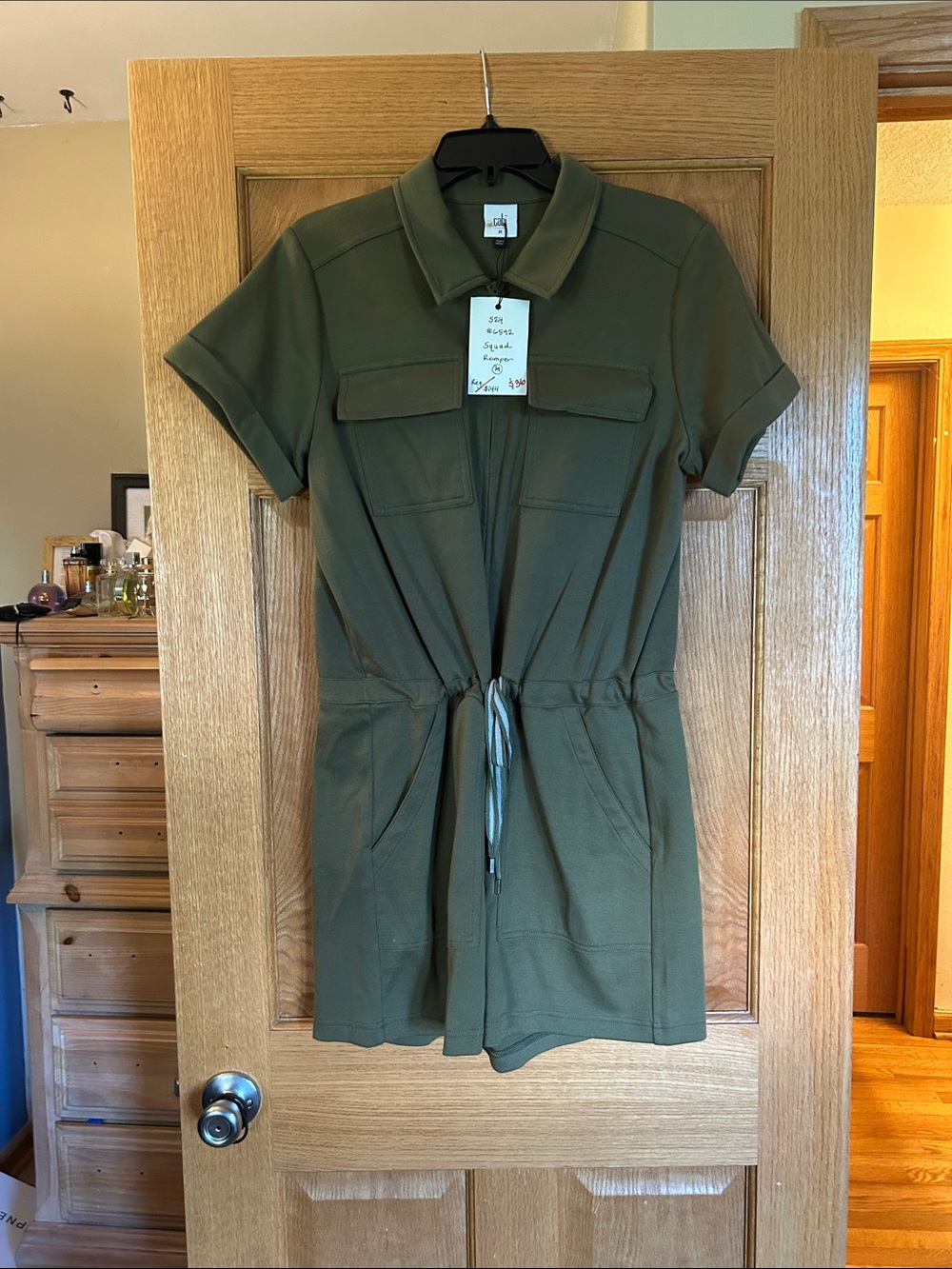 CAbi Olive Utility Short-Sleeve Romper with Drawstring